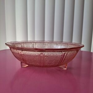Jeanette Glass Pink Cherry Blossom Depression Glass Footed Scalloped Bowl